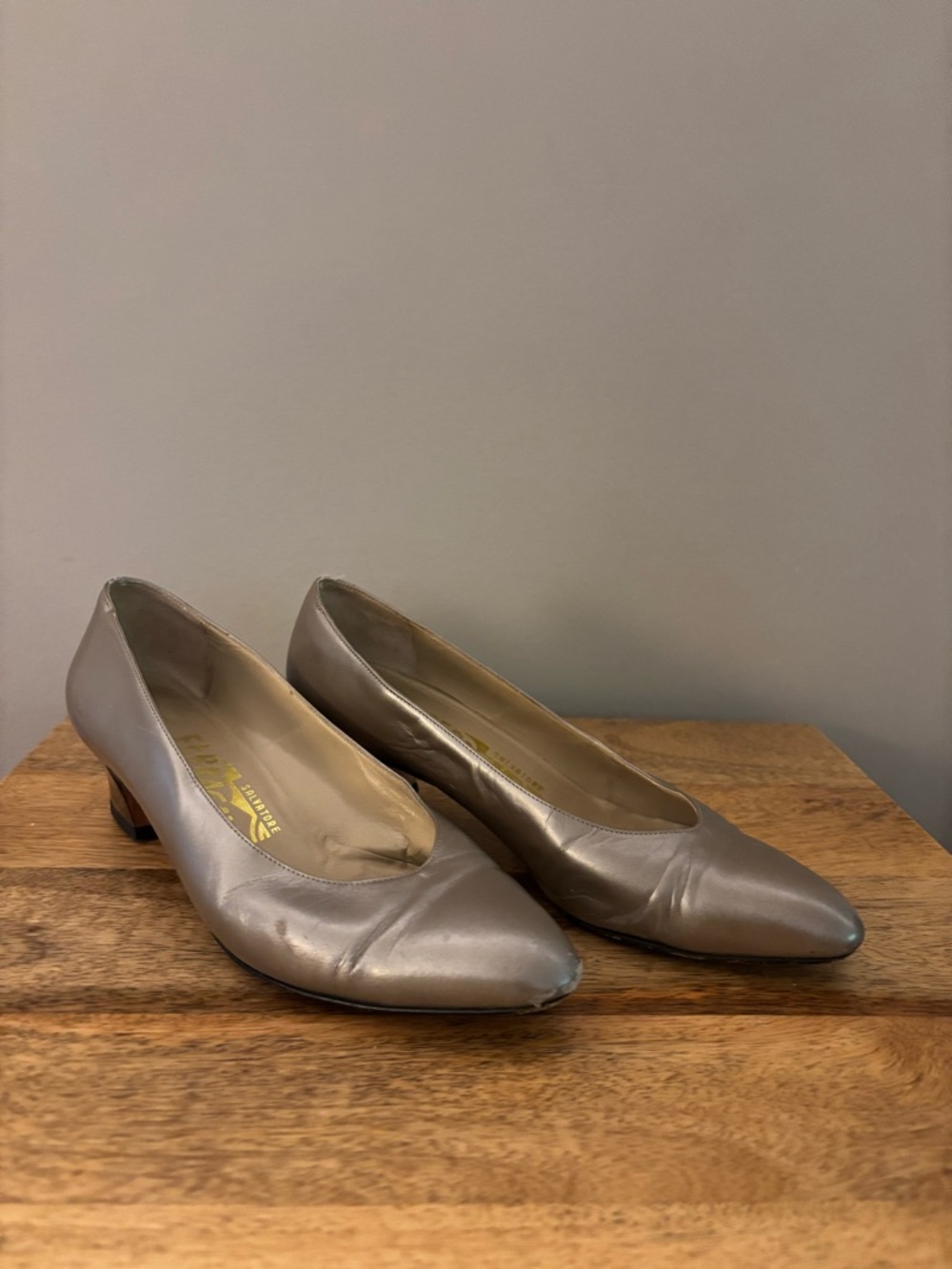 Salvatore Ferragamo Metallic Taupe Low Heel Pumps